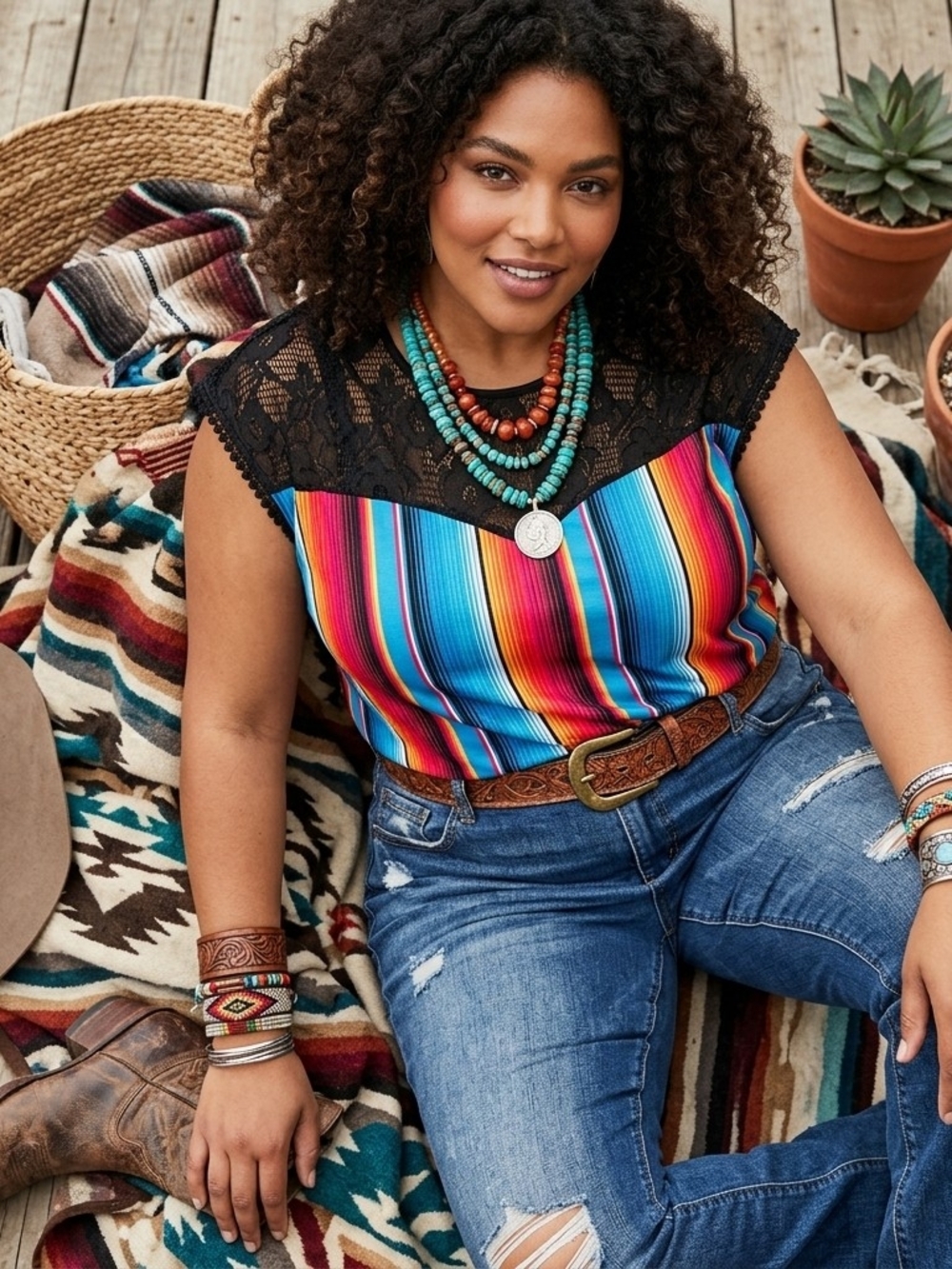Southern Stitch Women's Multicolor Striped Lace Yoke Top